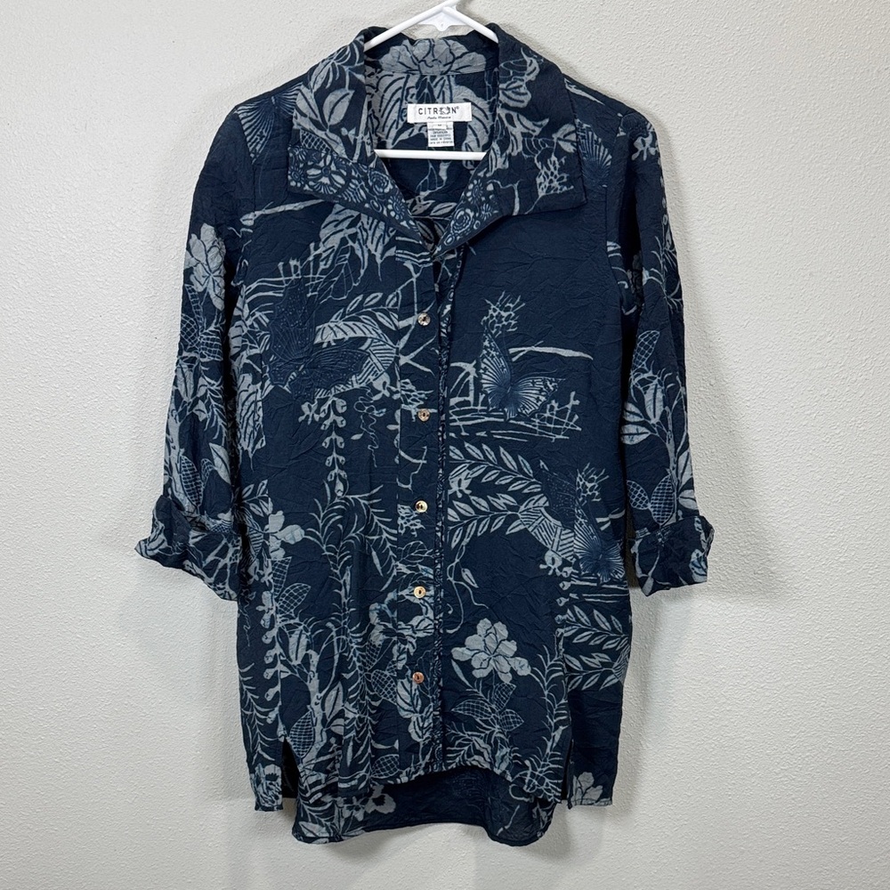 Citron tropical butterfly button down shirt‎